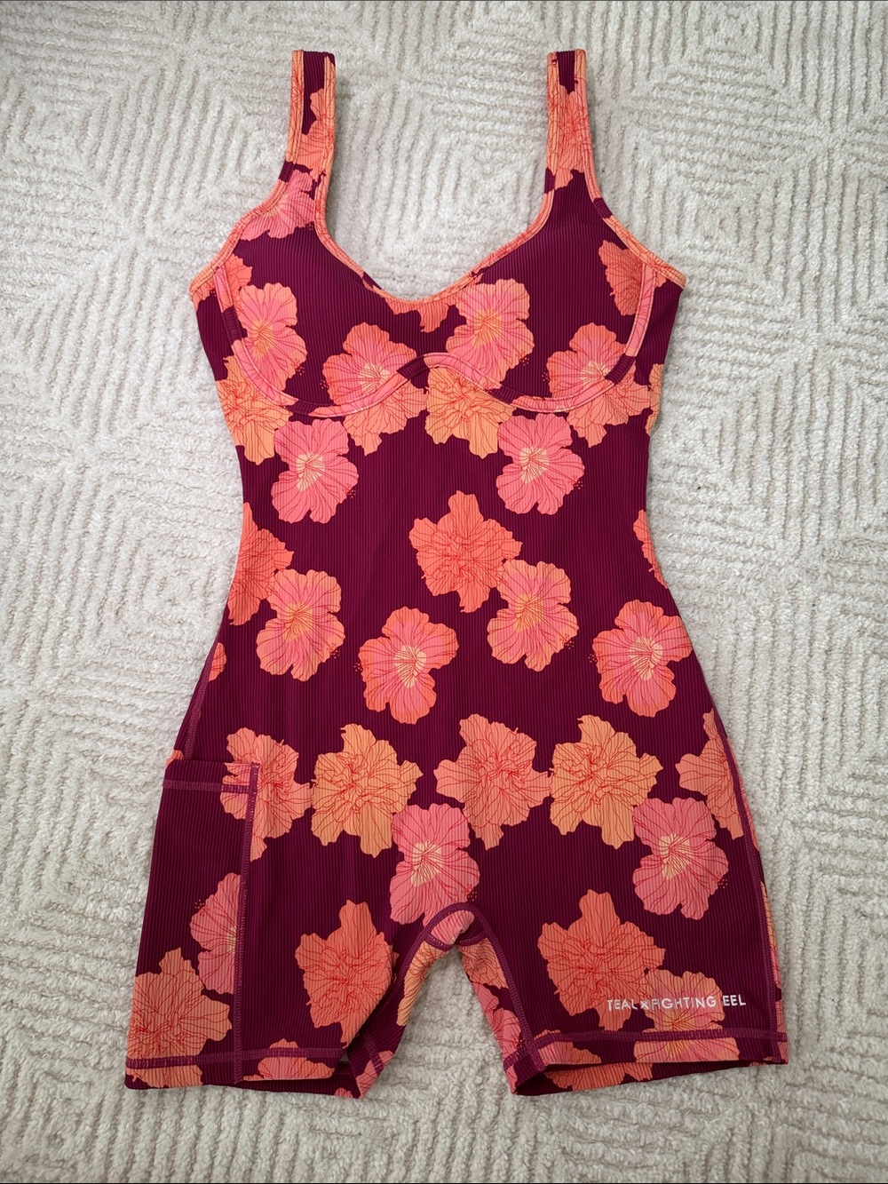 Fighting Eel x Active by Teal One-Piece Romper - Burgundy with Coral Flowers